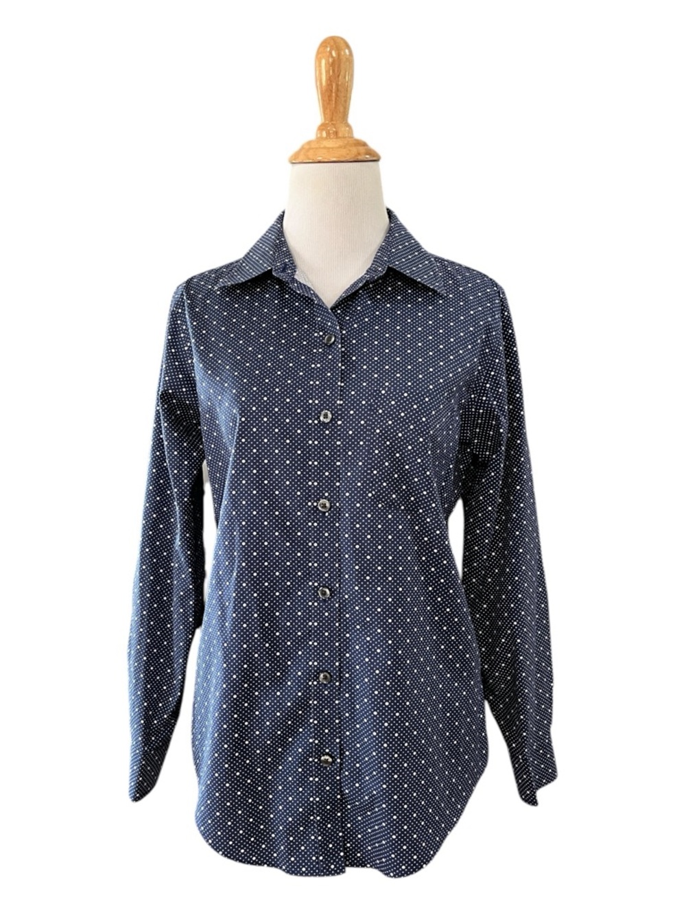 LL BEAN WRINKLE FREE LONG SLEEVE POLKA DOT BUTTON DOWN SHIRT BLUE WHITE SIZE XS